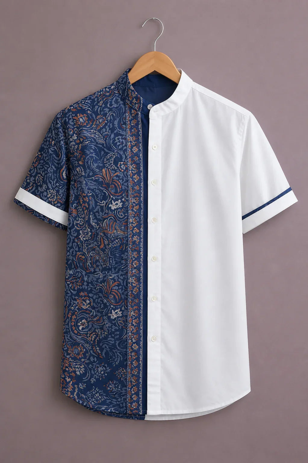 Menex™ Men's Premium Paisley Print Color Block Mandarin Collar Half Sleeve Casual Shirt – Navy Blue & White