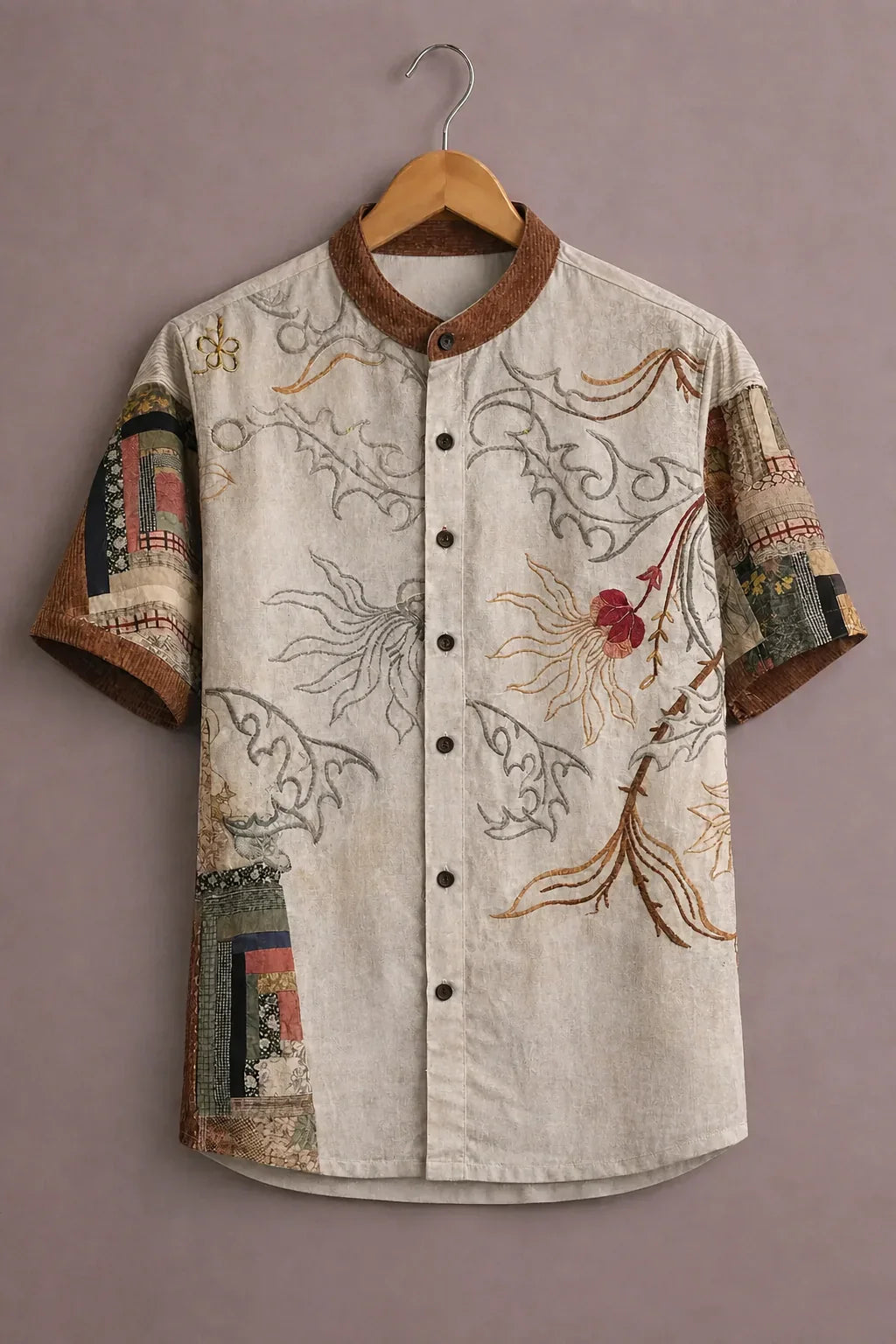 Menex™ Men's Premium Ethnic Floral Print Mandarin Collar Half Sleeve Casual Shirt – Beige