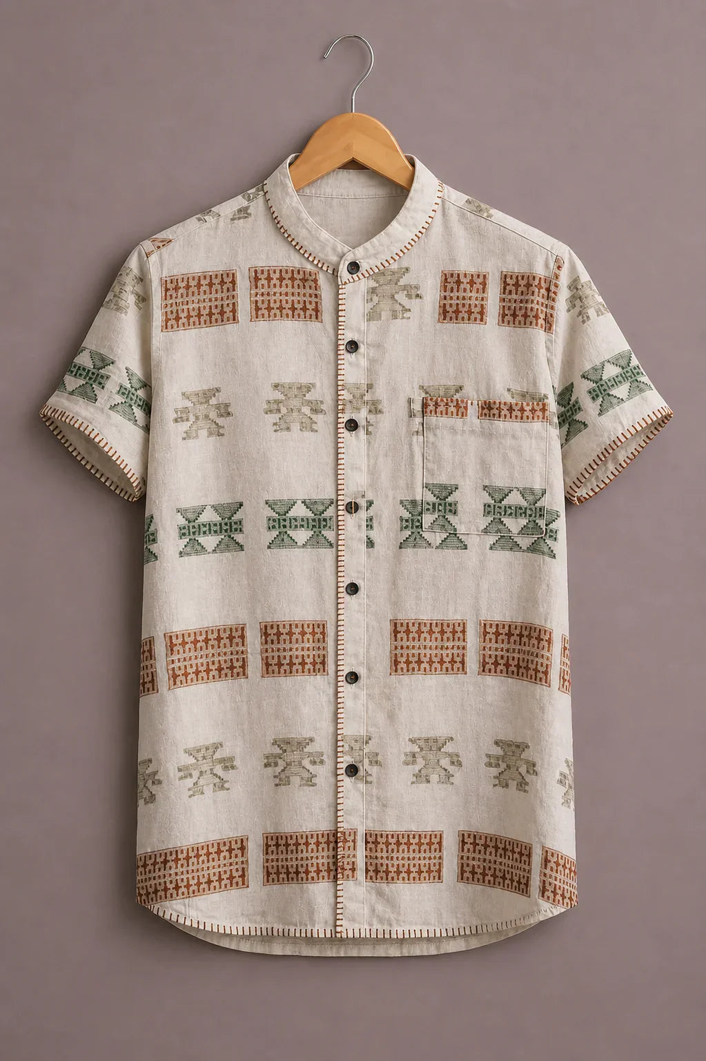 Menex™ Men's Premium Tribal Geometric Print Mandarin Collar Half Sleeve Casual Shirt – Off White