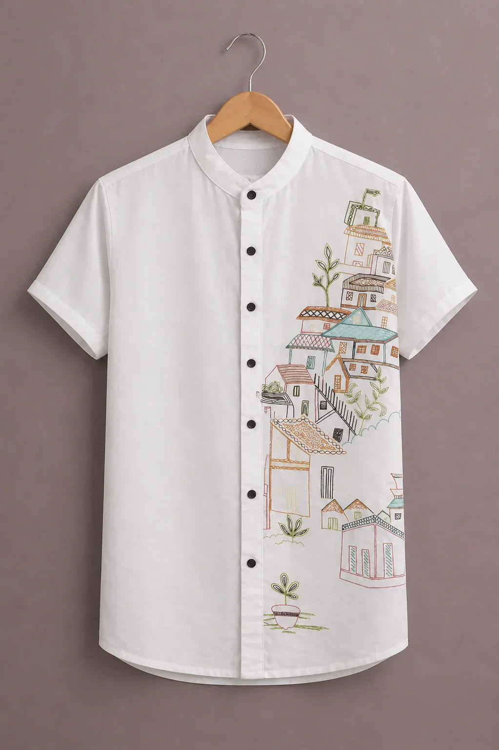 Menex™ Men's Premium Village Art Print Mandarin Collar Half Sleeve Casual Shirt – White