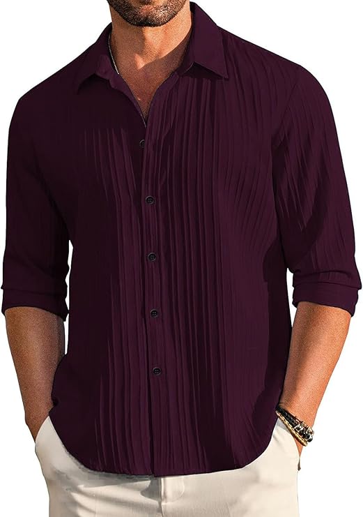 Men's Casual Button Down Shirts Long Sleeve Linen Shirt Fashion Textured Beach Summer Shirt