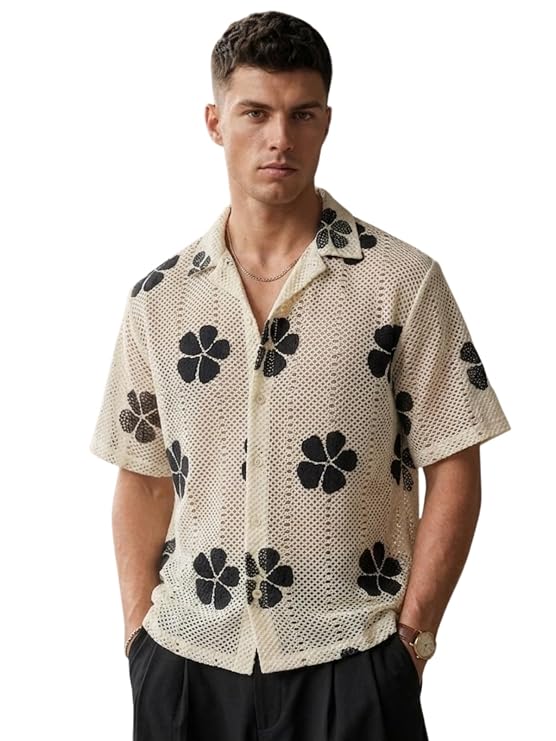 Men`s Shirt | Mens Casual Crochet Knitted | Half Sleeve Printed Crochet with Cuban Collar Shirt`s | Relaxed fit Down Shoulder Textured & Stylish Premium Mens Shirt