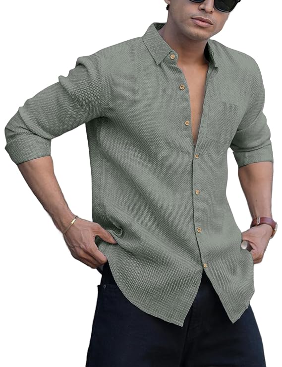 Men's Shirt Regular Fit Solid Pattern Linen Cotton with Long Sleeve Collared Neck Standard Length and Button Down Closure Type | Mens Casual Shirts | Man's Formal Shirts