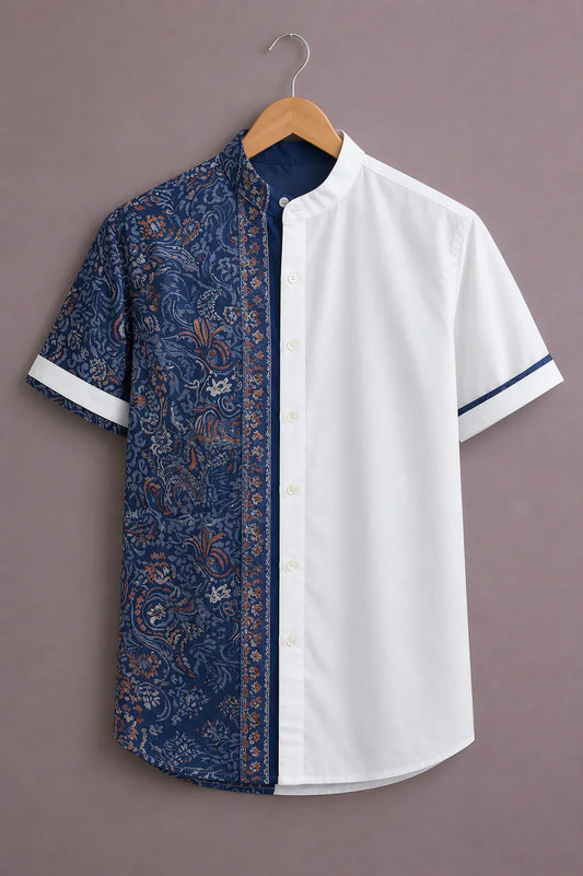 Menex™ Men's Premium Paisley Print Color Block Mandarin Collar Half Sleeve Casual Shirt – Navy Blue & White