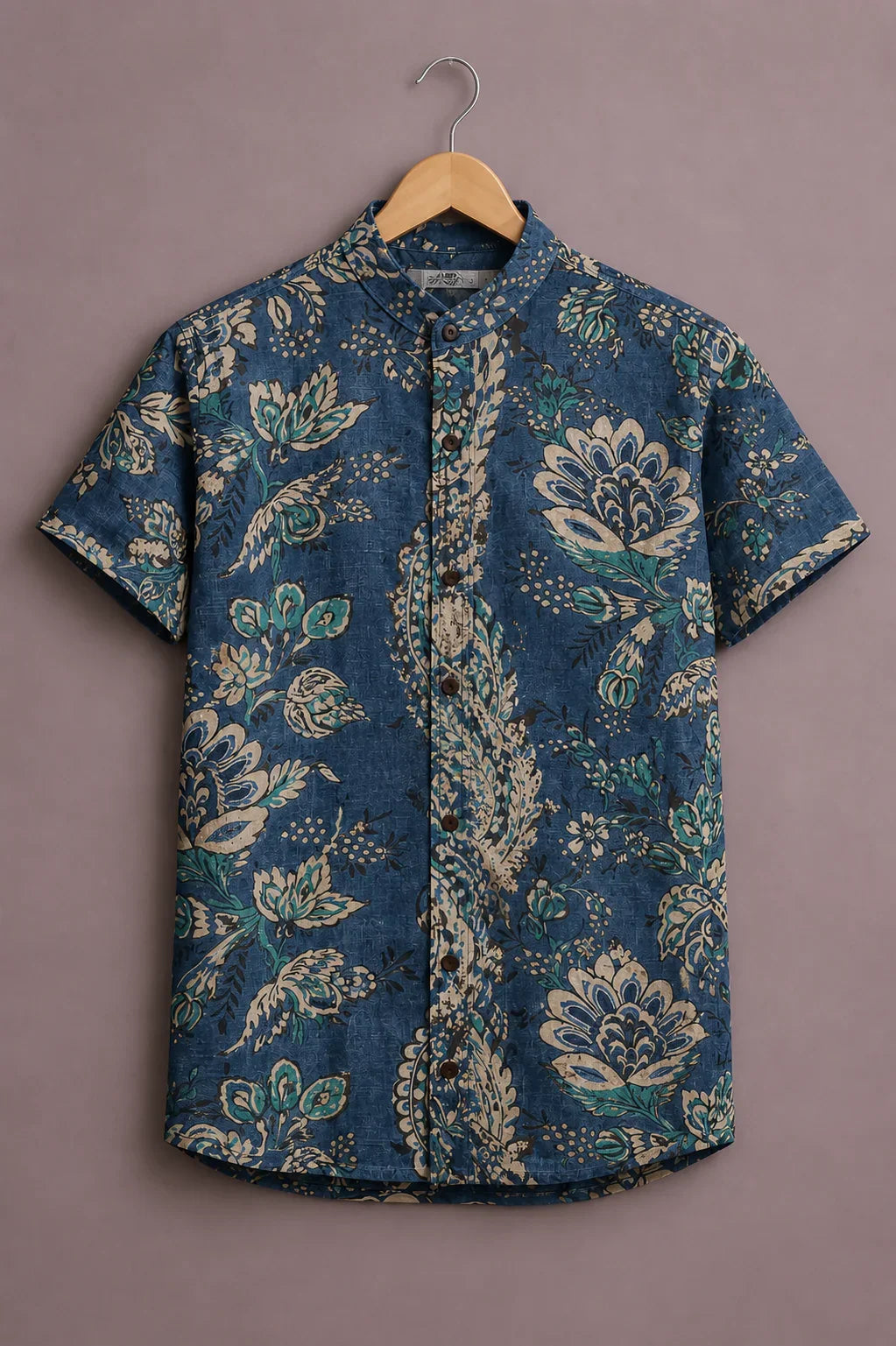 Menex™ Men's Premium Vintage Floral Print Mandarin Collar Half Sleeve Casual Shirt – Navy Blue