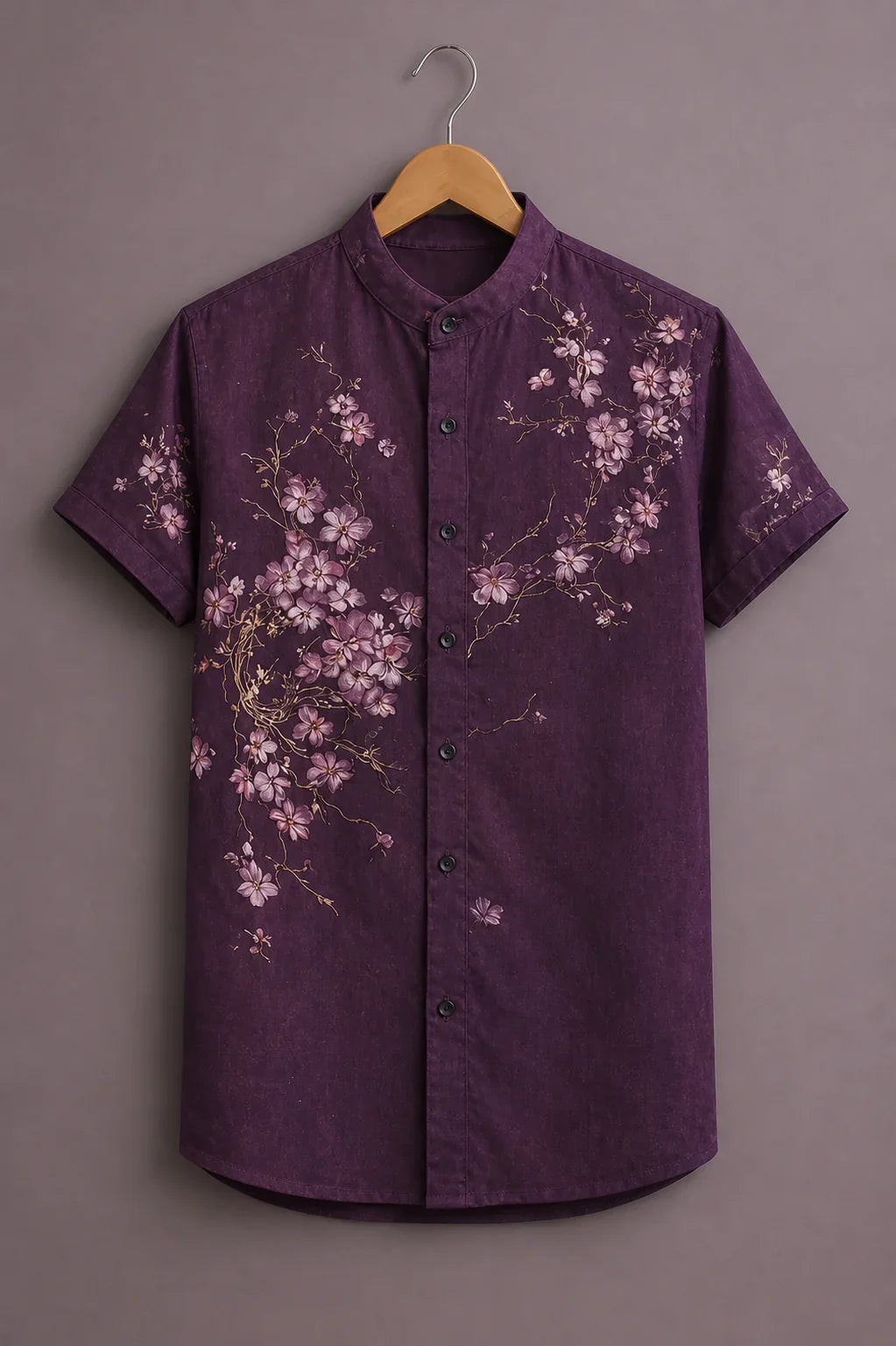 Menex™ Men's Premium Cherry Blossom Print Mandarin Collar Half Sleeve Casual Shirt – Royal Purple