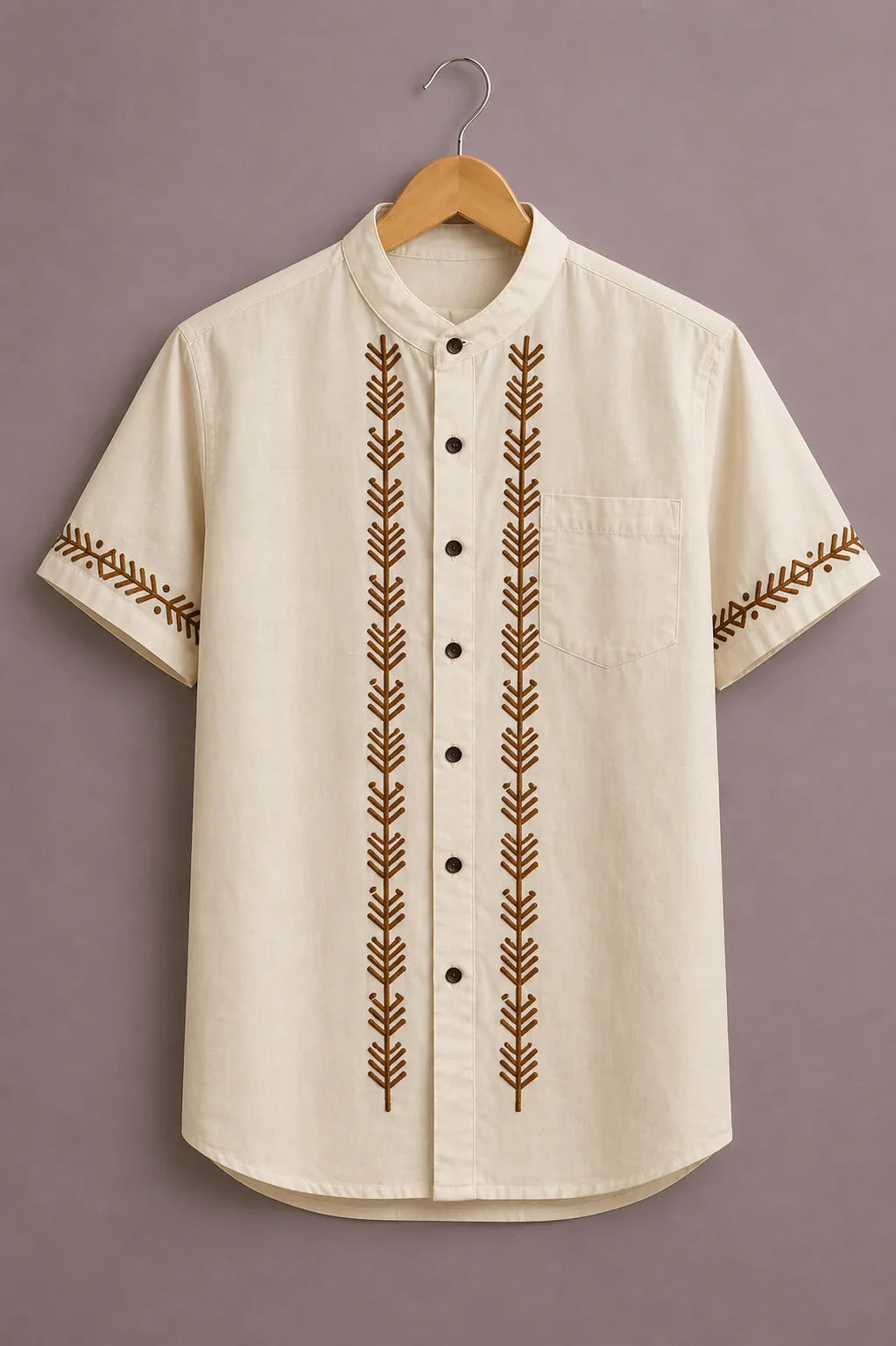 Menex™ Men's Premium Minimal Tribal Embroidered Mandarin Collar Half Sleeve Casual Shirt – Ivory White
