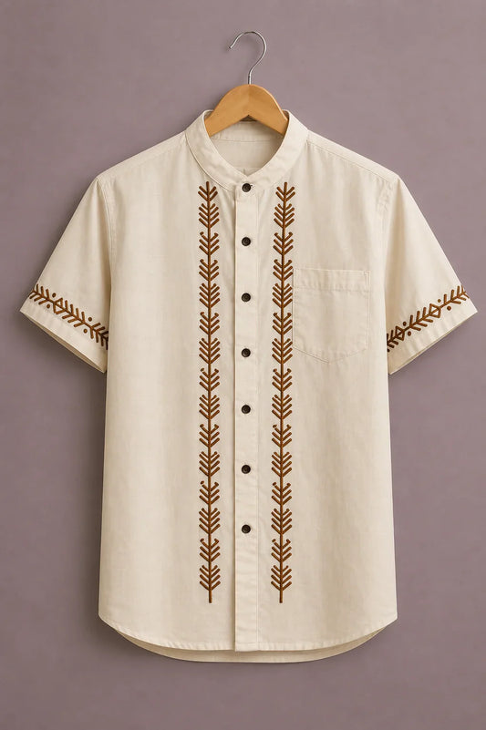 Menex™ Men's Premium Minimal Tribal Embroidered Mandarin Collar Half Sleeve Casual Shirt – Ivory White
