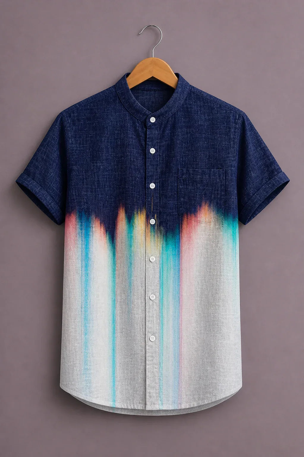 Menex™ Men's Premium Abstract Gradient Print Mandarin Collar Half Sleeve Casual Shirt – Navy Blue & White
