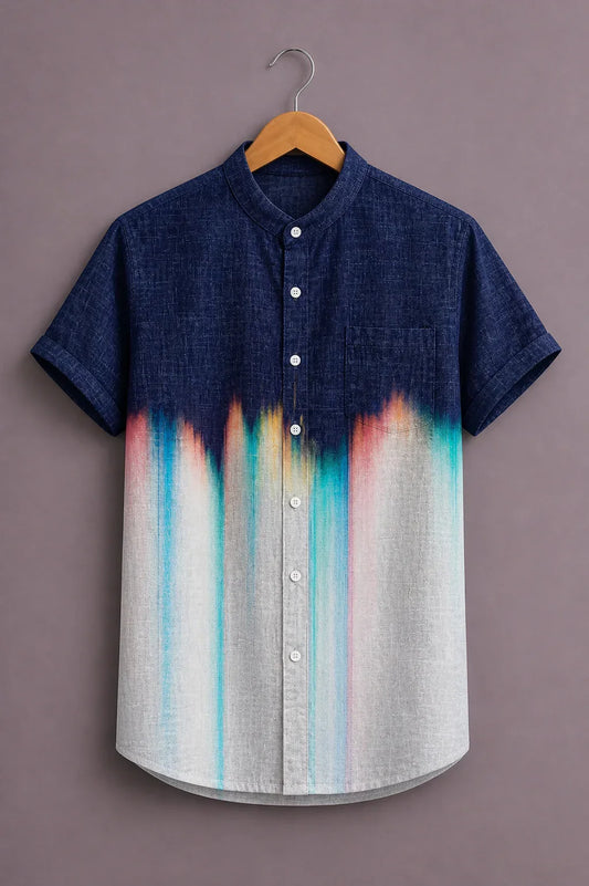 Menex™ Men's Premium Abstract Gradient Print Mandarin Collar Half Sleeve Casual Shirt – Navy Blue & White