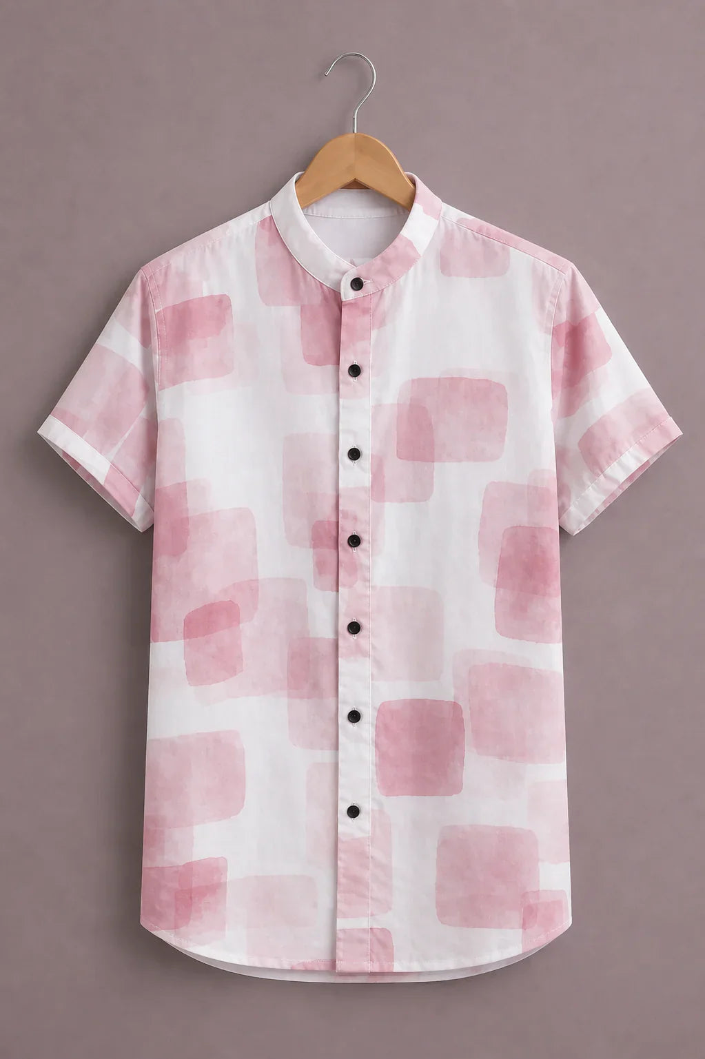 Menex™ Men's Premium Pastel Geometric Print Mandarin Collar Half Sleeve Casual Shirt – White & Blush Pink