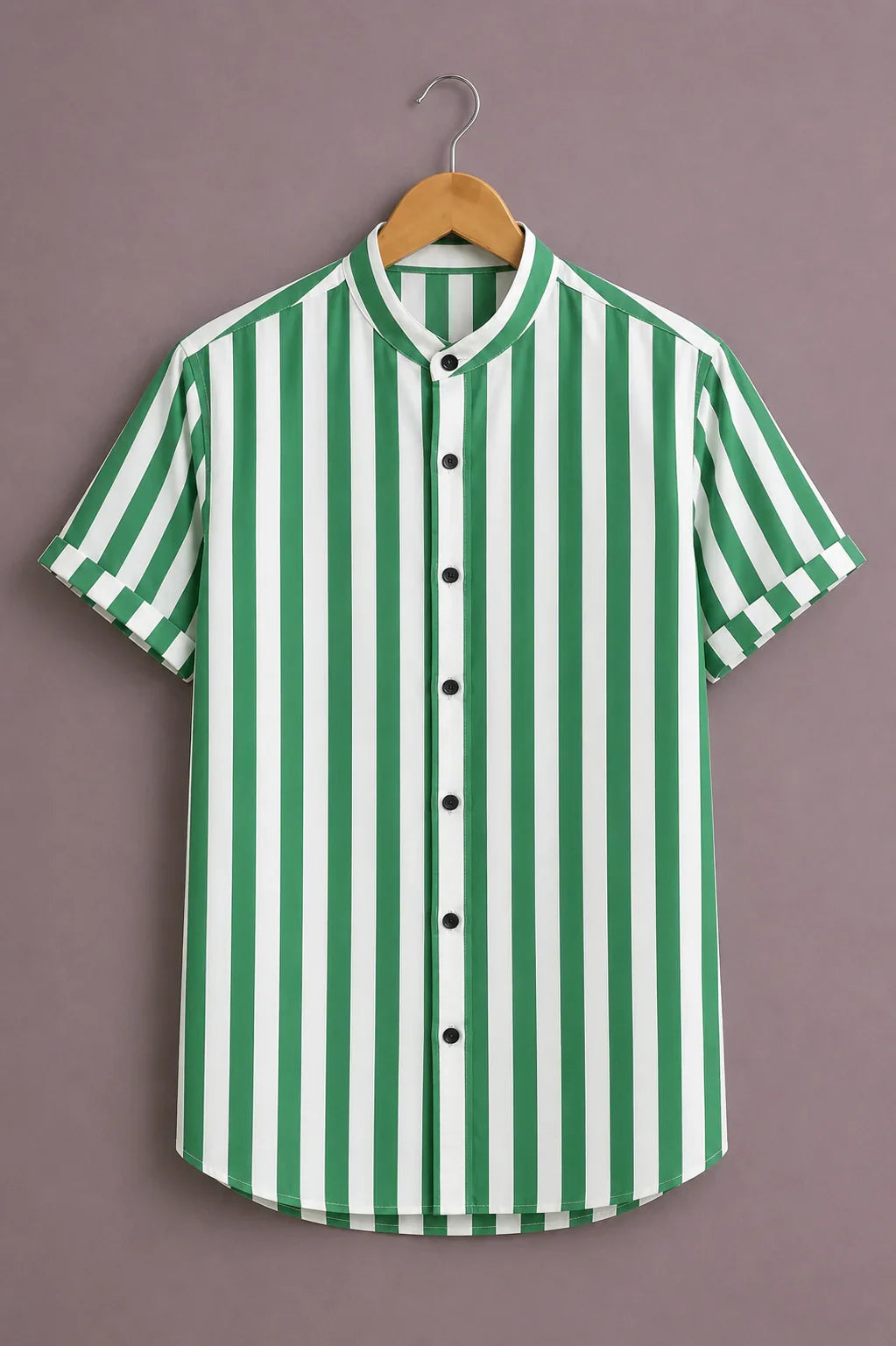 Menex™ Men's Premium Vertical Stripe Mandarin Collar Half Sleeve Casual Shirt – Green & White