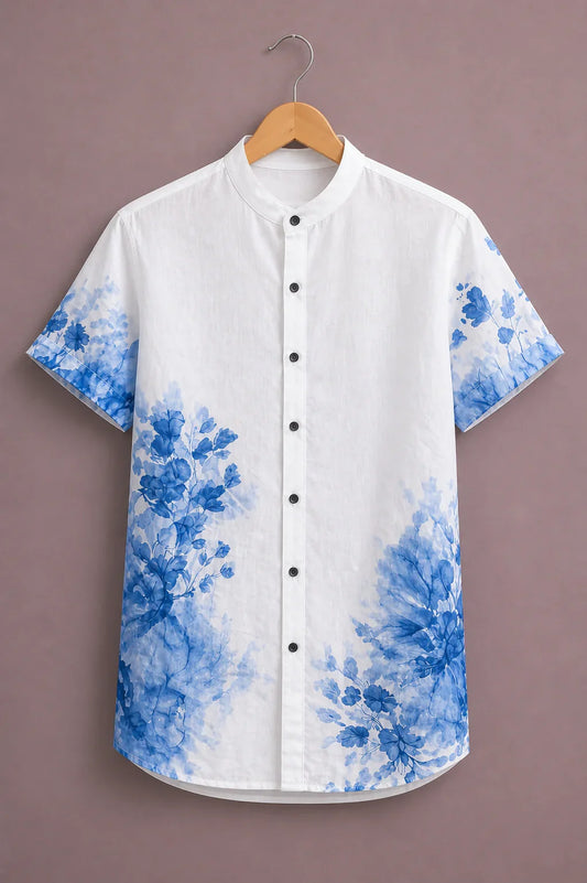 Menex™ Men's Premium Blue Floral Print Mandarin Collar Half Sleeve Casual Shirt – White