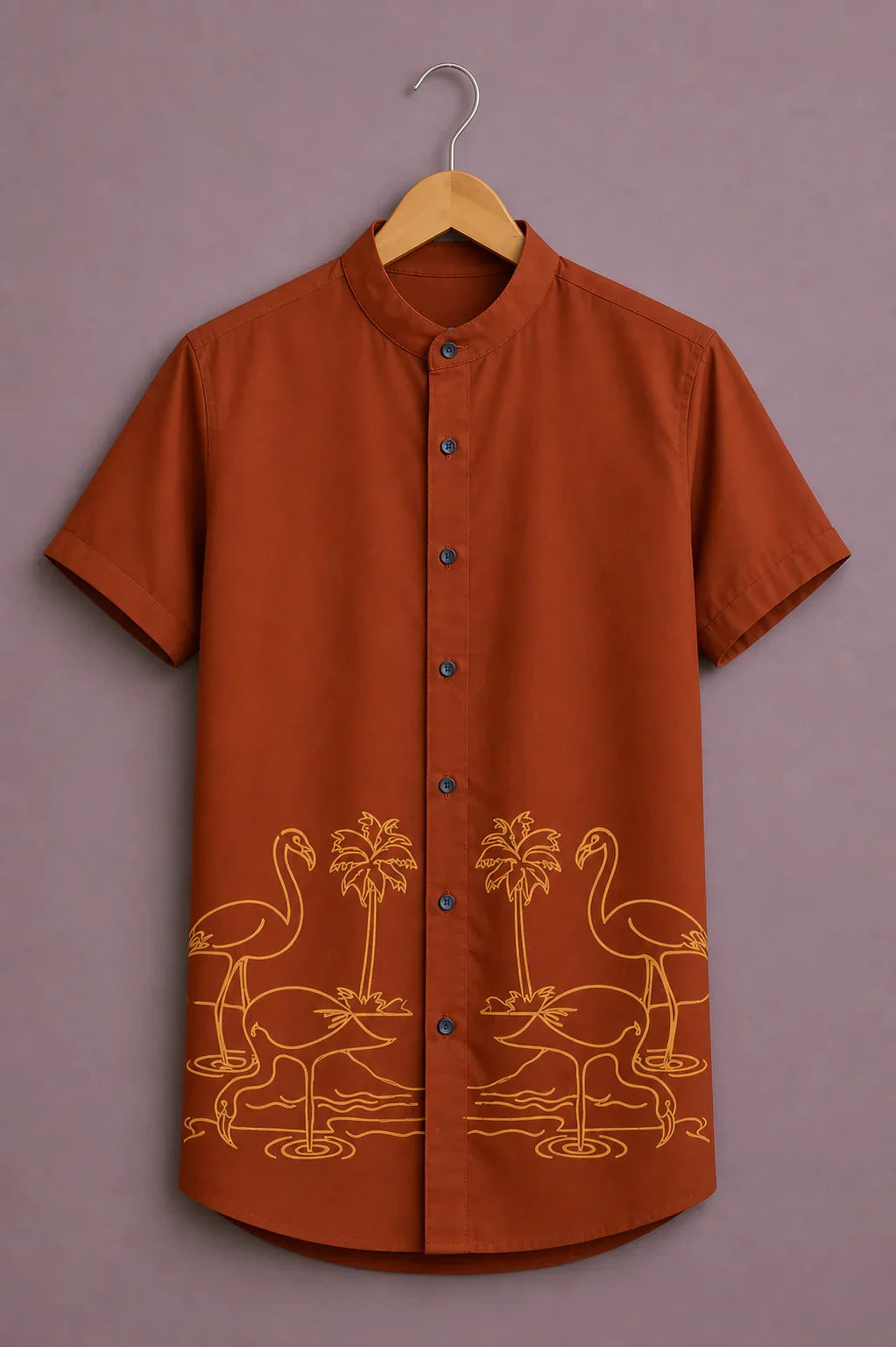 Menex™ Men's Premium Flamingo Tropical Print Mandarin Collar Half Sleeve Casual Shirt – Rust Orange