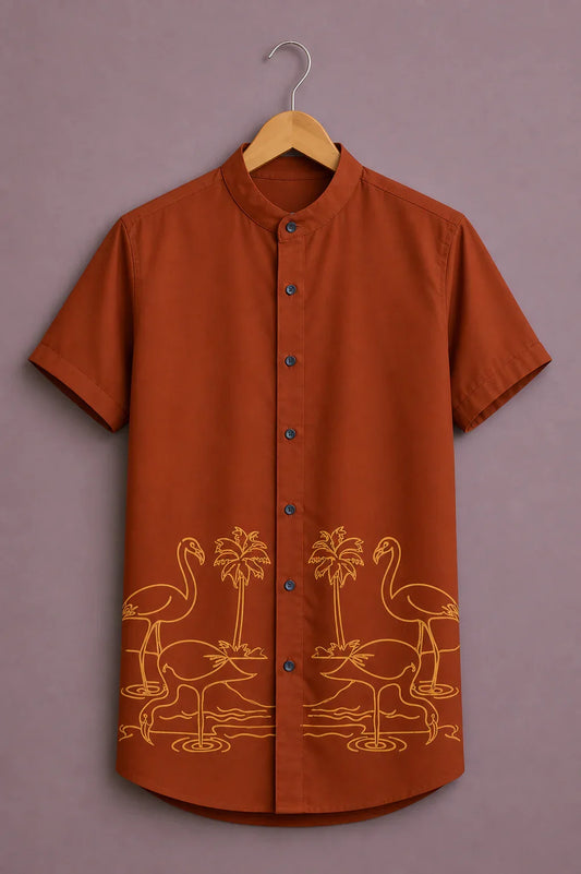 Menex™ Men's Premium Flamingo Tropical Print Mandarin Collar Half Sleeve Casual Shirt – Rust Orange