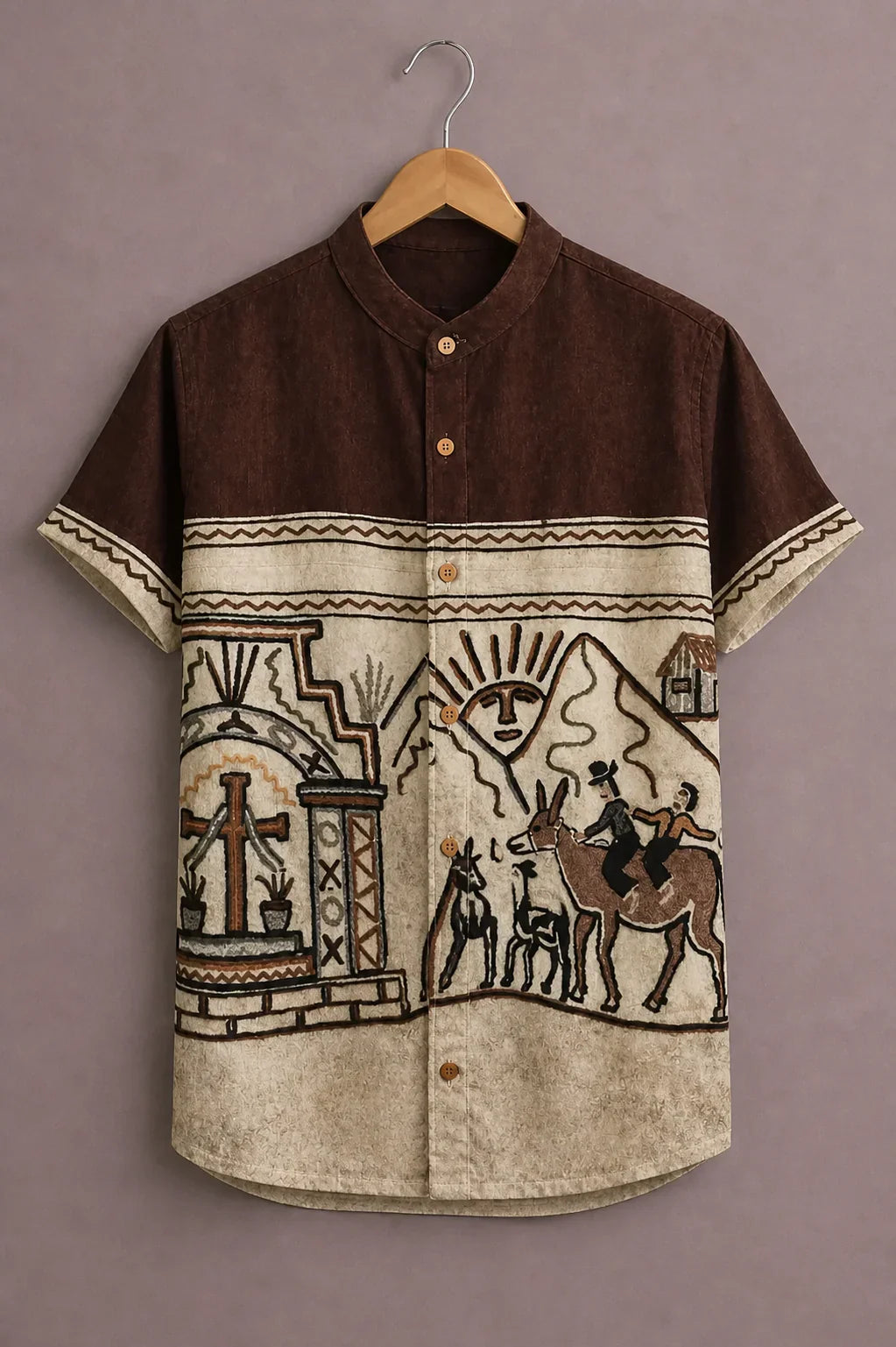 Menex™ Men's Premium Tribal Art Print Mandarin Collar Half Sleeve Casual Shirt – Brown & Beige