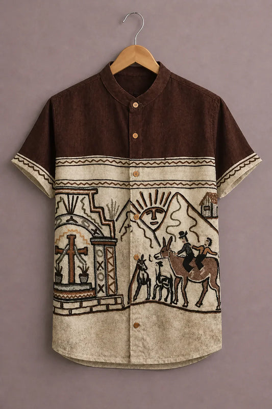 Menex™ Men's Premium Tribal Art Print Mandarin Collar Half Sleeve Casual Shirt – Brown & Beige