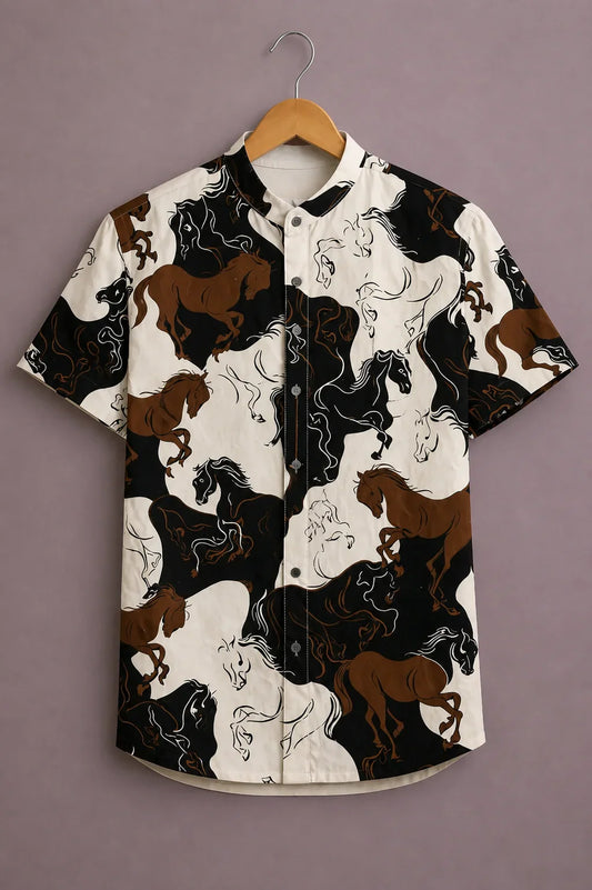 Menex™ Men's Premium Running Horse Print Mandarin Collar Half Sleeve Casual Shirt – Black, White & Brown