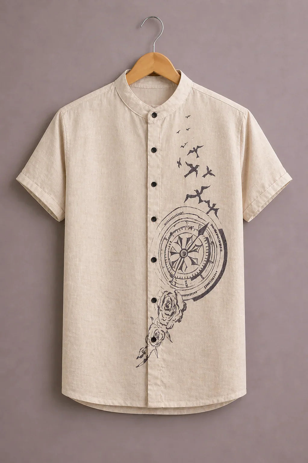 Menex™ Men's Premium Compass & Birds Print Mandarin Collar Half Sleeve Casual Shirt – Beige