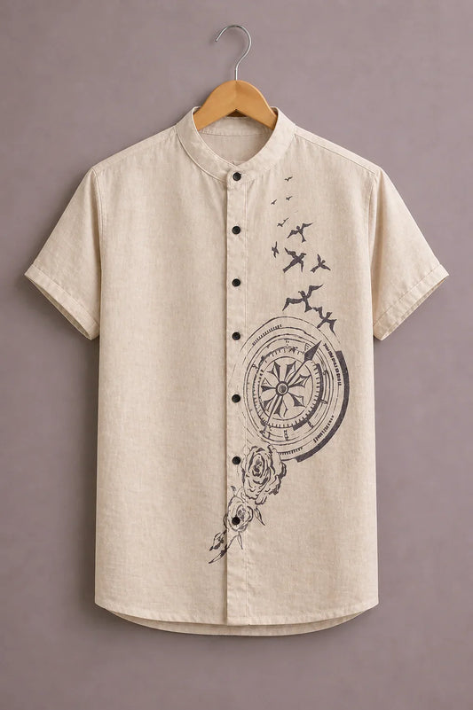 Menex™ Men's Premium Compass & Birds Print Mandarin Collar Half Sleeve Casual Shirt – Beige