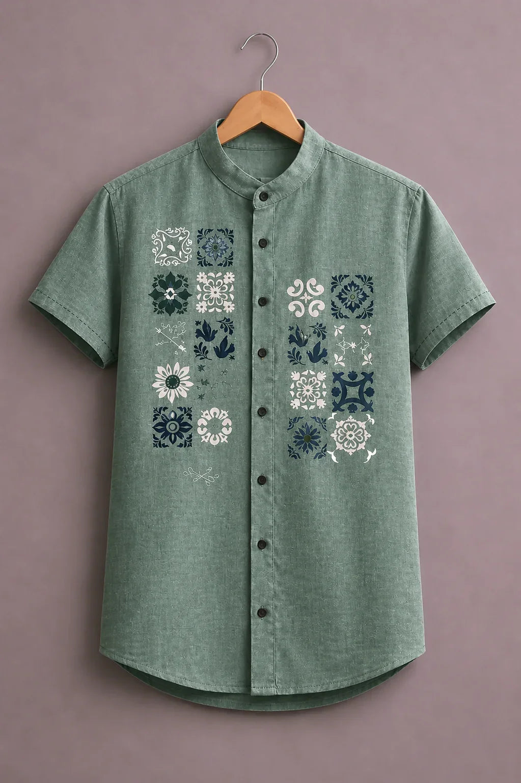 Menex™ Men's Premium Floral Tile Print Mandarin Collar Half Sleeve Casual Shirt – Sage Green