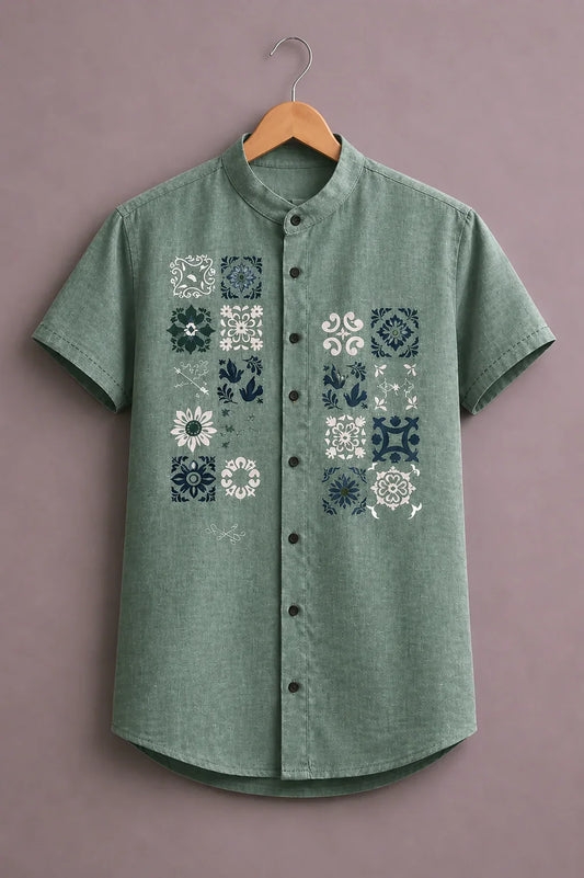 Menex™ Men's Premium Floral Tile Print Mandarin Collar Half Sleeve Casual Shirt – Sage Green