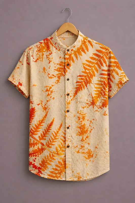 Menex™ Men's Premium Tropical Fern Print Mandarin Collar Half Sleeve Casual Shirt – Cream & Orange
