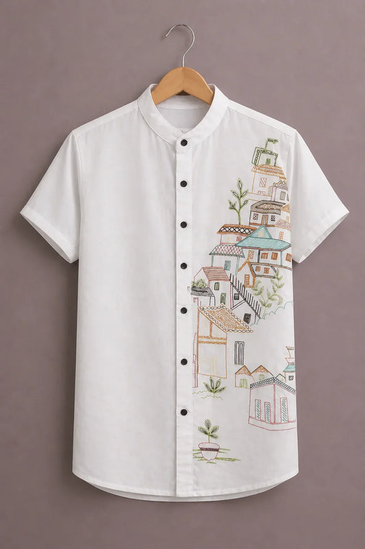 Menex™ Men's Premium Village Art Print Mandarin Collar Half Sleeve Casual Shirt – White