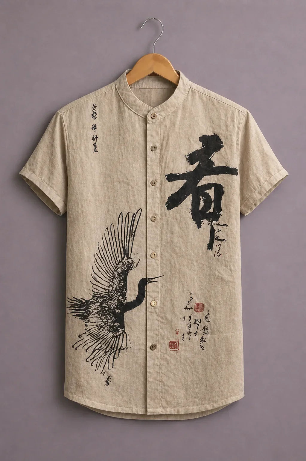 Menex™ Men's Premium Japanese Calligraphy Print Mandarin Collar Half Sleeve Casual Shirt – Beige